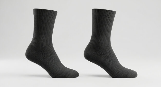 Pair of plain black crew socks mockup standing upright on a clean white background, comfortable everyday apparel.