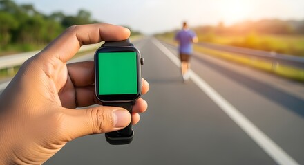 Close-up of Hand Holding Smartwatch with Green Screen Display, Man Running on Highway in Background