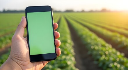 Smartphone with Green Screen in Hand, Agriculture Field Background