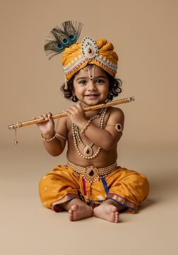Janmashtami photo of adorable baby dressed as hindu deity lord krishna, holding a flute, adorned with traditional attire, jewelry, and a peacock feather, sitting crosslegged and smiling krishnashtami