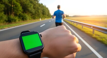 Man Running with Smartwatch Green Screen Display on Asphalt Road at Sunset