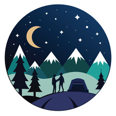 Obraz premium Romantic couple silhouetted against a starry night sky while camping in a serene wilderness setting