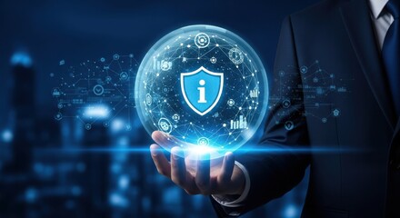 Businessman holding a shield for cybersecurity and data protection concept