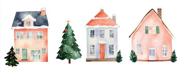 Colorful watercolor depiction of traditional houses and a Christmas tree during the festive season