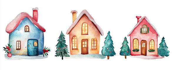 Fototapeta premium Colorful winter houses and evergreen trees create a festive holiday atmosphere
