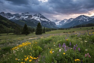 Majestic snow capped mountains loom over a vibrant wildflower meadow under a dramatic sky