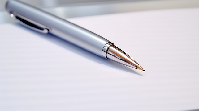 A shiny metallic pen placed diagonally on a white notebook, highlighting the sharp details and reflections on the sleek surface. Full frame .
