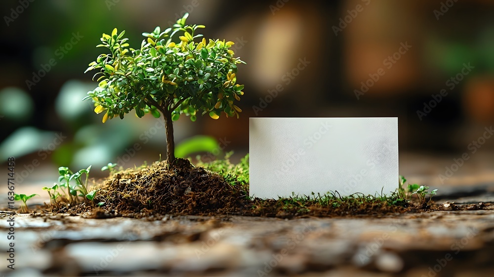 Poster a small tree planted in soil with a blank card placed next to it