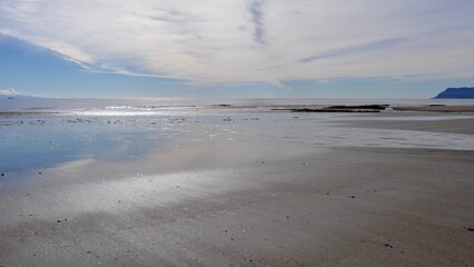 Rocky Beach at Low Tide in Iceland Under Bright Sky