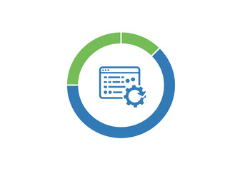 A blue and green circle graphic with a website icon and gear in the center on white background