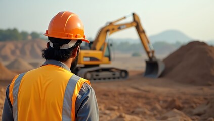 Site engineer in a safety helmet overseeing an excavator working on a construction development project.