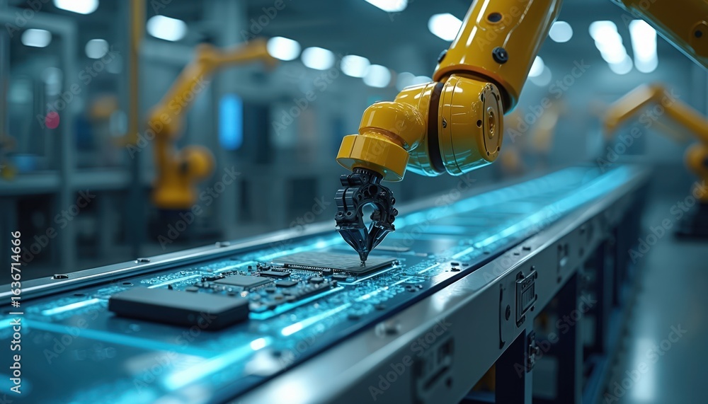 Aufkleber robotic arm assembles intricate circuit board on illuminated conveyor belt. automated manufacturing 