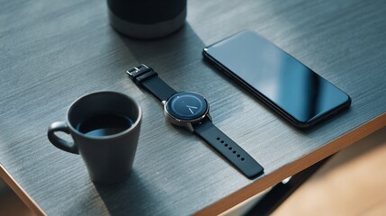 Smartwatch smartphone on table time management and productivity in modern business life sleek setup