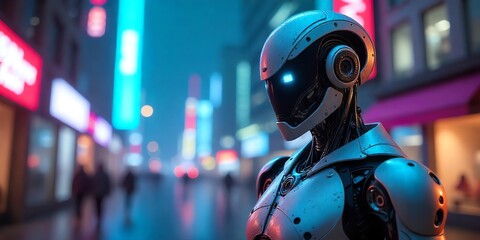 A futuristic android standing on a rain-slicked street in a vibrant cyberpunk city illuminated by glowing neon lights at night.