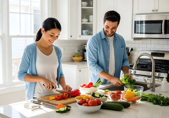 Happy couple preparing healthy food together in a bright, modern kitchen at home with fresh vegetables
