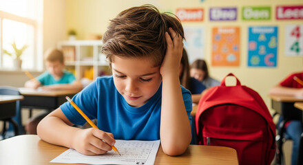 Young boy focused on math worksheet at his desk in a lively elementary classroom, backpack on chair, cheerful posters in background
