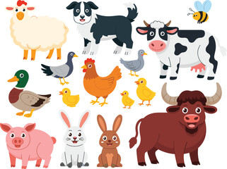 Cute cartoon farm animals collection, vector illustrations for kids, domestic animal clipart, farm life icons, playful countryside character set