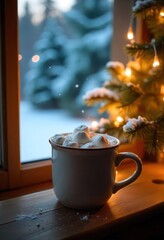 Hot Chocolate Mug with Melted Marshmallows on Wooden Window Sill, Snowy Christmas Landscape Outside