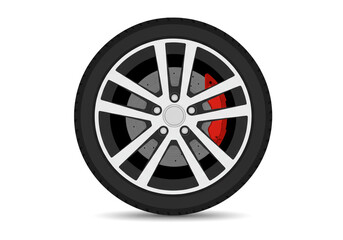 Fototapeta premium Illustration of a car wheel with white spokes and a red brake caliper on a white background