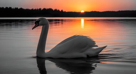 Fototapeta premium A photorealistic mute swan gliding on a misty lake at sunrise, reflections on calm water.