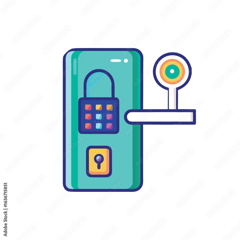 Poster modern digital door lock icon with secure access and technology elements on a clean white background