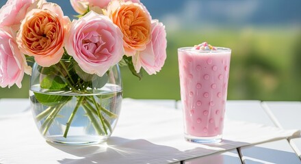  Pastel roses in a glass vase next to a pink polka dot milkshake on a table