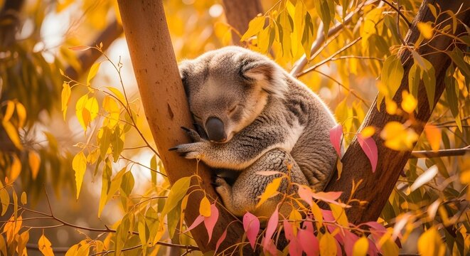 A photorealistic koala sleeping in a eucalyptus tree at dusk, pink evening sky behind.