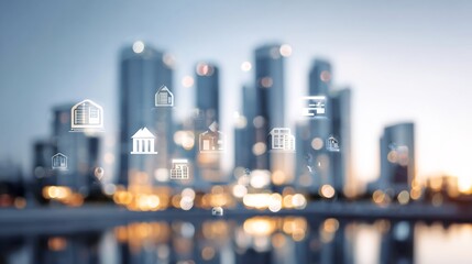 Soft focus cityscape floating business icons finance and networking theme minimalist urban background for presentations