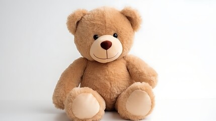 Fototapeta premium A soft plush teddy bear sitting neatly on a white background, with natural light creating soft shadows around it. Full frame .