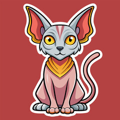 Obraz premium Cartoon cat with large ears and a decorative collar. sitting and facing forward in a plain red background. Cute. stylized pet illustration for children's media.
