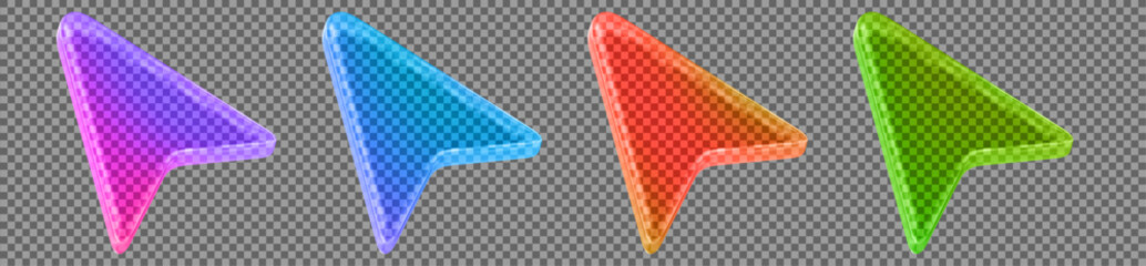 3d set neon glass transparent arrow cursor icon. Y2k style. Stock vector illustration on isolated background.	