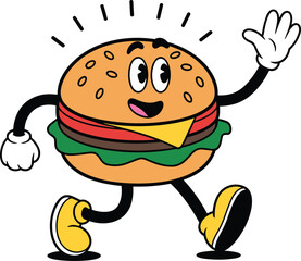 Happy cartoon cheeseburger character walking with smile, retro style hamburger mascot, fun food illustration, playful fast food design
