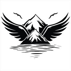 Majestic Mountain Scene with Eagle Wings Flanking the Peaks, Reflected in Calm Waters, and Birds Soaring Above, Creating a Sense of Freedom and Serenity