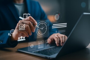 Businessman using digital interface with futuristic time management and business analytics icons.