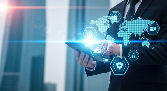 Businessman using tablet with digital interface, concept of modern technology