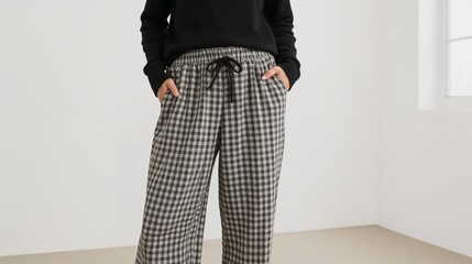 A person in a black sweater and stylish checkered pants poses inside.