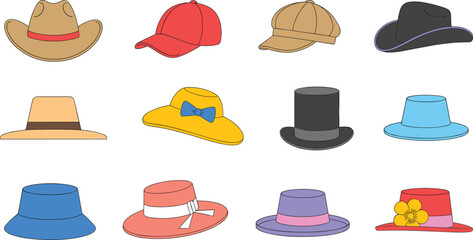 Set of colorful summer hats, fashion accessories collection, beach hats illustration, sun protection headwear, stylish holiday caps and visors