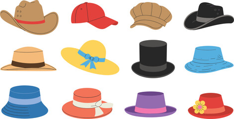 Set of colorful summer hats, fashion accessories collection, beach hats illustration, sun protection headwear, stylish holiday caps and visors