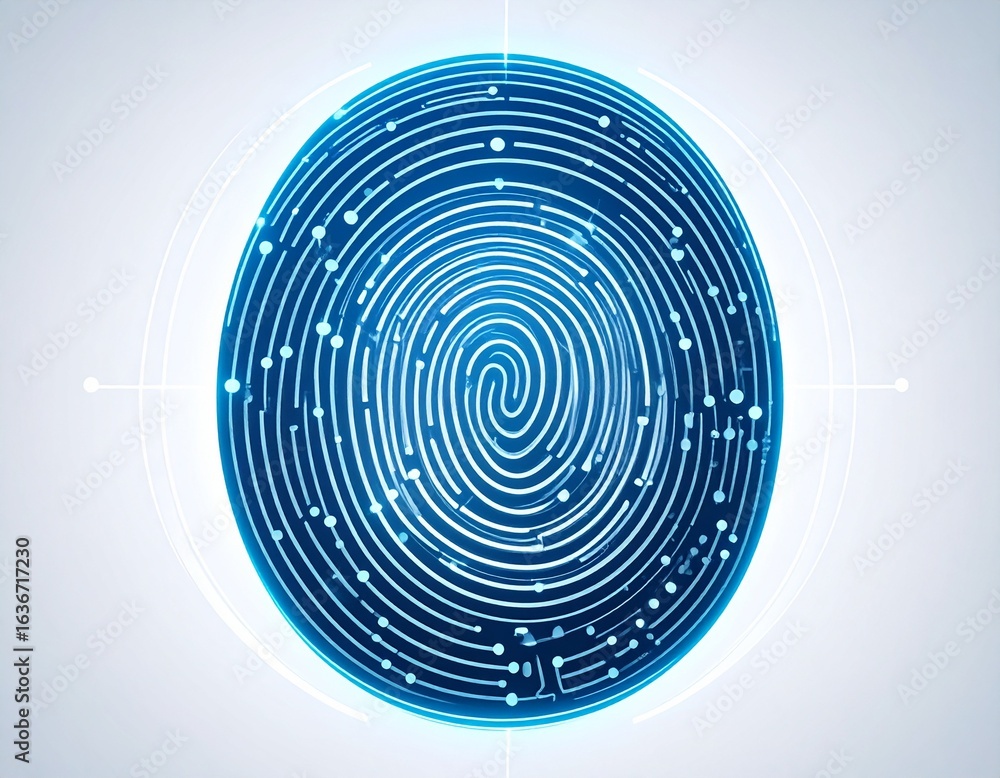 Poster digital fingerprint scan with integrated electronic circuits, symbolizing cybersecurity and personal