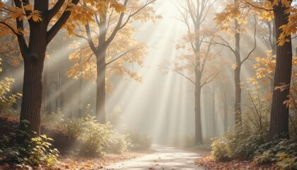 Obraz premium Tranquil forest path, a journey through nature's verdant canopy of trees and leaves