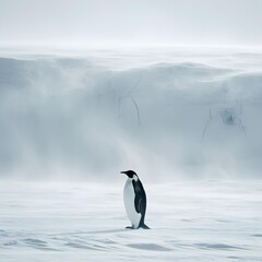 Obraz premium A photorealistic emperor penguin standing on an Antarctic ice sheet at sunrise, pink sky reflections