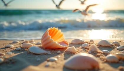 Seashells scattered on sandy beach shore with gentle waves and seagulls flying in golden sunshine. Soft light illuminates ocean surface creating peaceful, calming atmosphere.