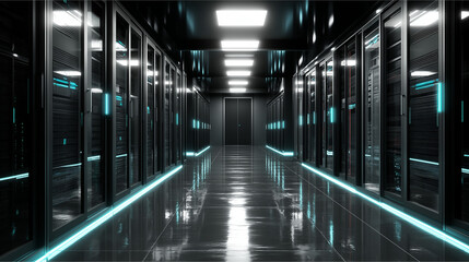 Fototapeta premium Futuristic Data Center Corridor with Neon Lighting