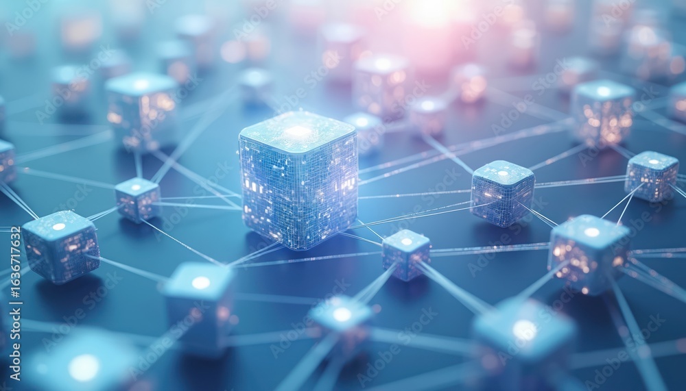 Poster interconnected glowing cubes forming complex digital network structure. blue, white futuristic data 