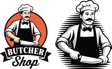 Vintage butcher shop logo design, retro chef illustration, meat cleaver artwork, traditional meat shop branding, classic emblem style graphic