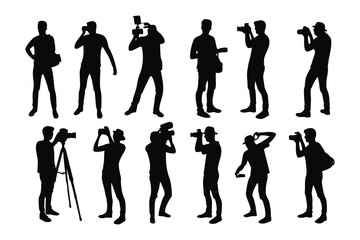 Photographers' Silhouette: A collection of diverse figures captured in striking black silhouettes, each engaged in the art of photography, holding cameras in various positions.