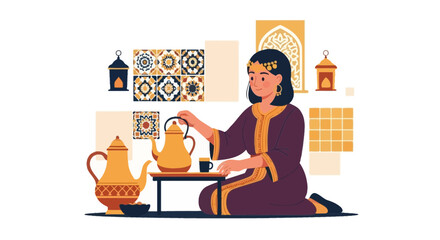 Elegant Moroccan woman pours tea in a traditional setting with decorative elements