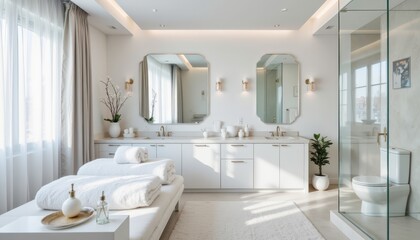 Luxurious modern bathroom design featuring white bathtub and expansive mirror modern