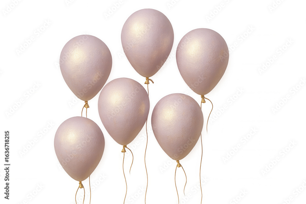 Poster pastel pink balloons hovering with golden strings, delicate 3d render against transparent background