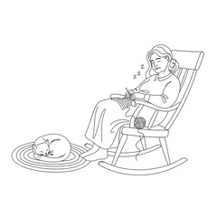 Young woman knitting while sitting in rocking chair with cat  